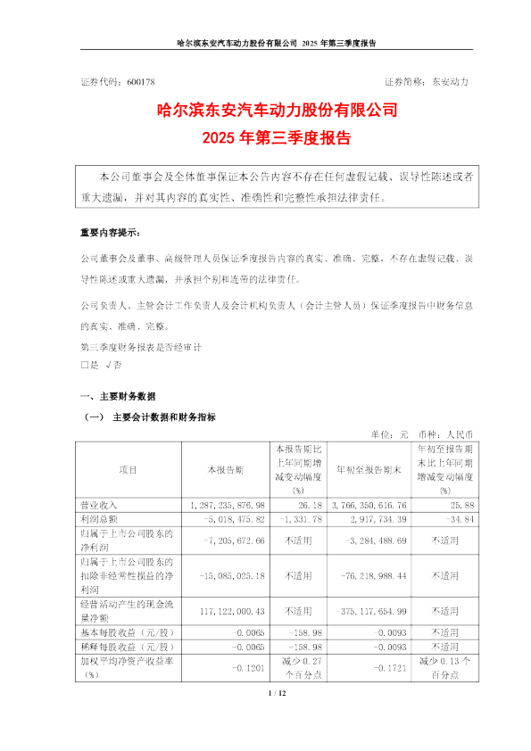 东安动力：哈尔滨东安汽车动力股份有限公司2025年第三季度报告