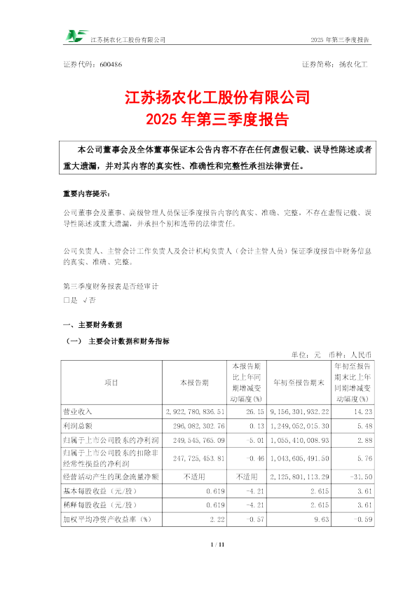 扬农化工：2025年第三季度报告