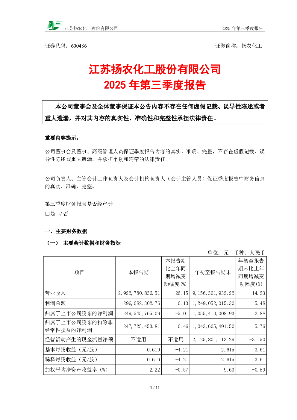 扬农化工：2025年第三季度报告
