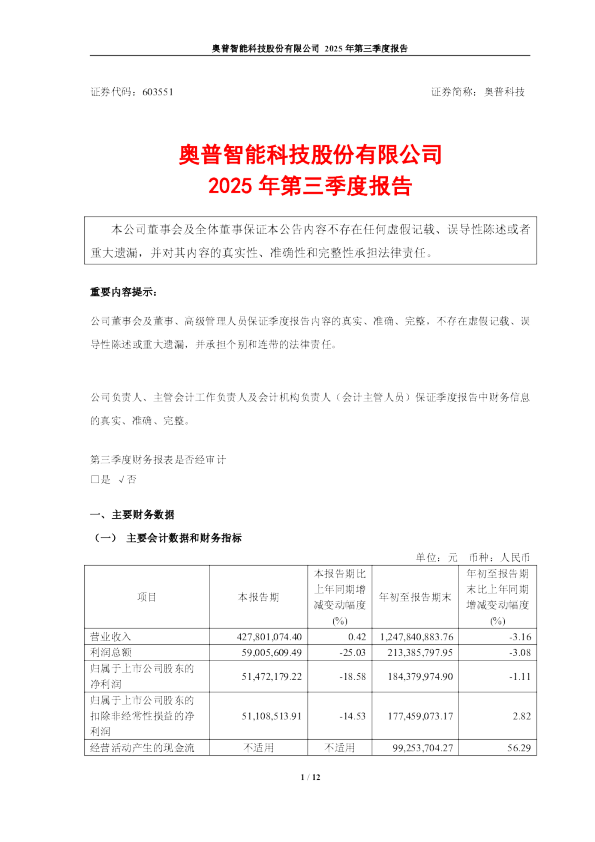奥普科技：奥普科技2025年三季度报告