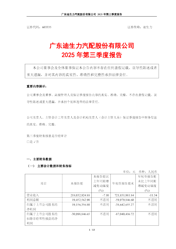 迪生力：迪生力2025年第三季度报告