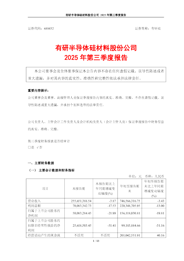 有研硅：有研硅2025年第三季度报告