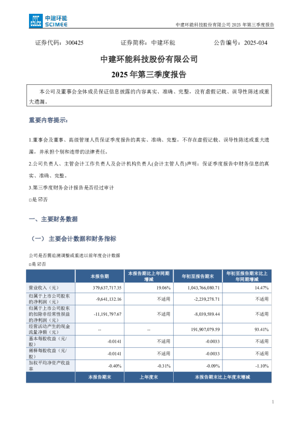 中建环能：2025年三季度报告