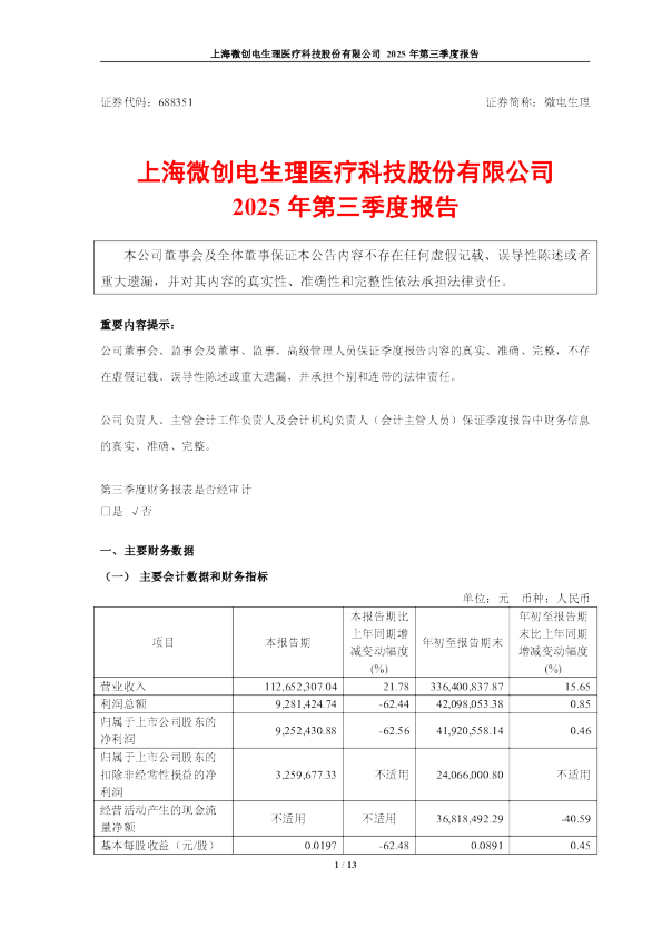 微电生理：2025年第三季度报告