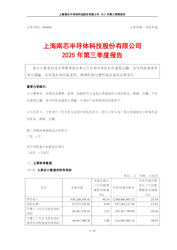 南芯科技：2025年第三季度报告