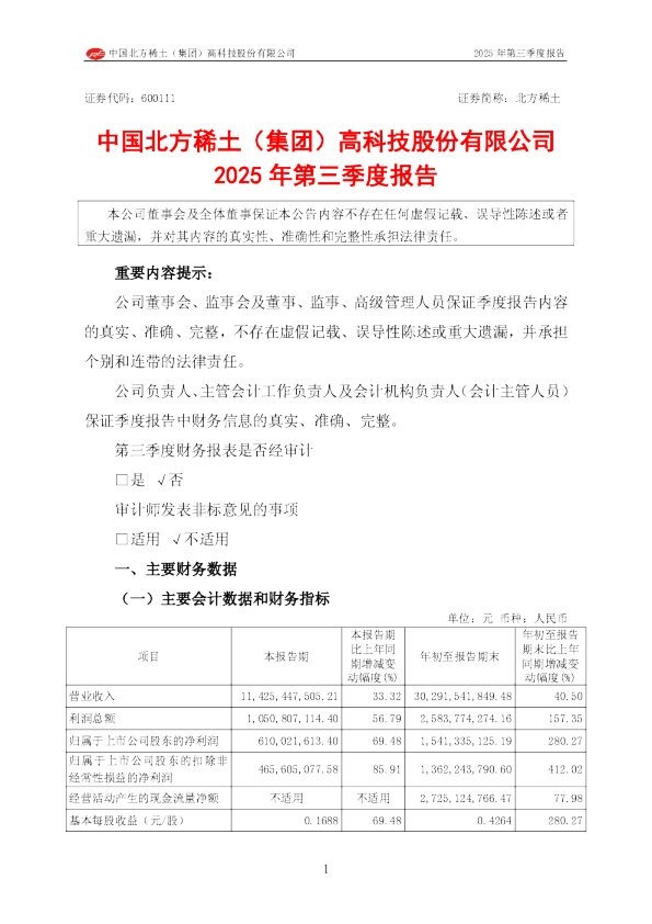 北方稀土：2025年第三季度报告