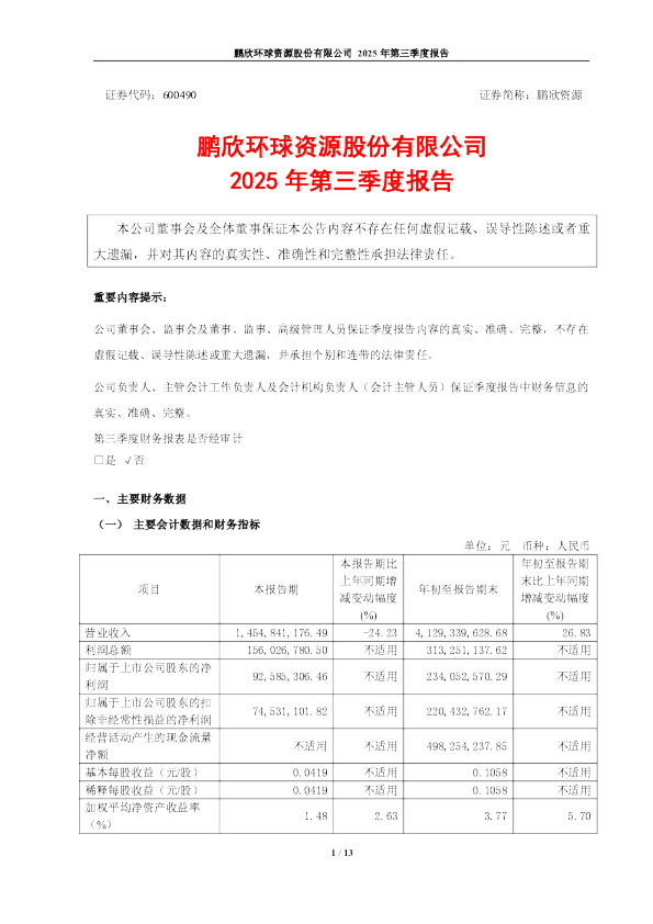 鹏欣资源：2025年第三季度报告