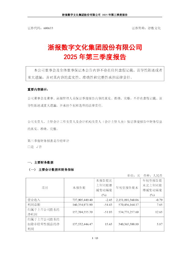 浙数文化：浙数文化2025年第三季度报告