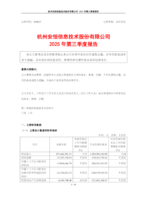 安恒信息：2025年第三季度报告