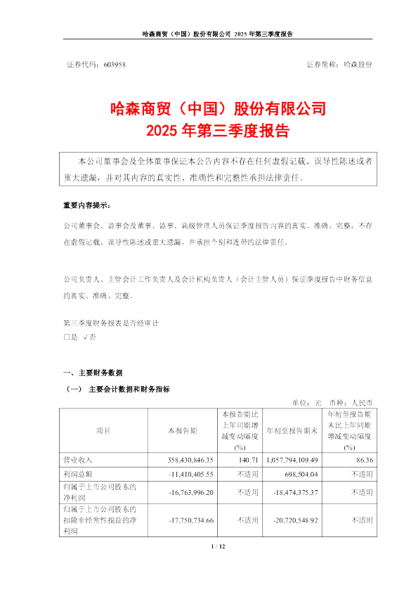 哈森股份：2025年第三季度报告