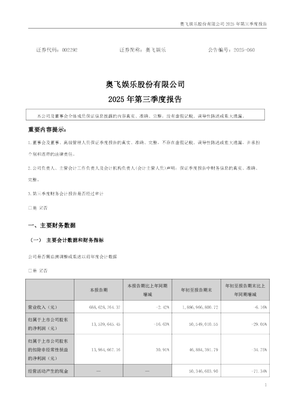 奥飞娱乐:2025年三季度报告