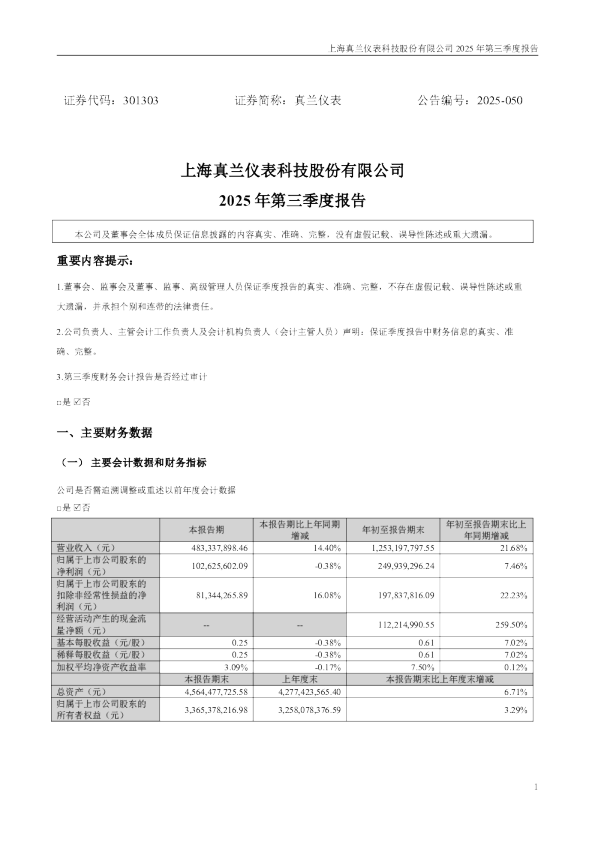 真兰仪表：2025年三季度报告