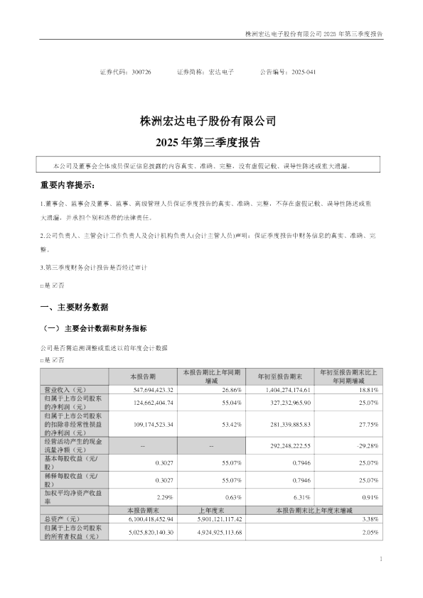 宏达电子：2025年三季度报告