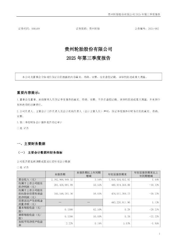 贵州轮胎：2025年三季度报告