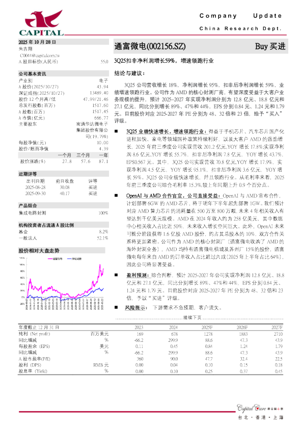 3Q25扣非净利润增长59%，增速领跑行业