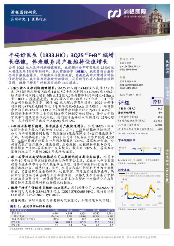 3Q25“F+B”端增长稳健，养老服务用户数维持快速增长