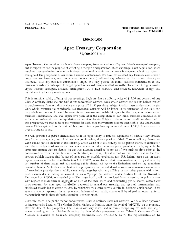 Apex Treasury Corp-A美股招股说明书(2025-10-28版)