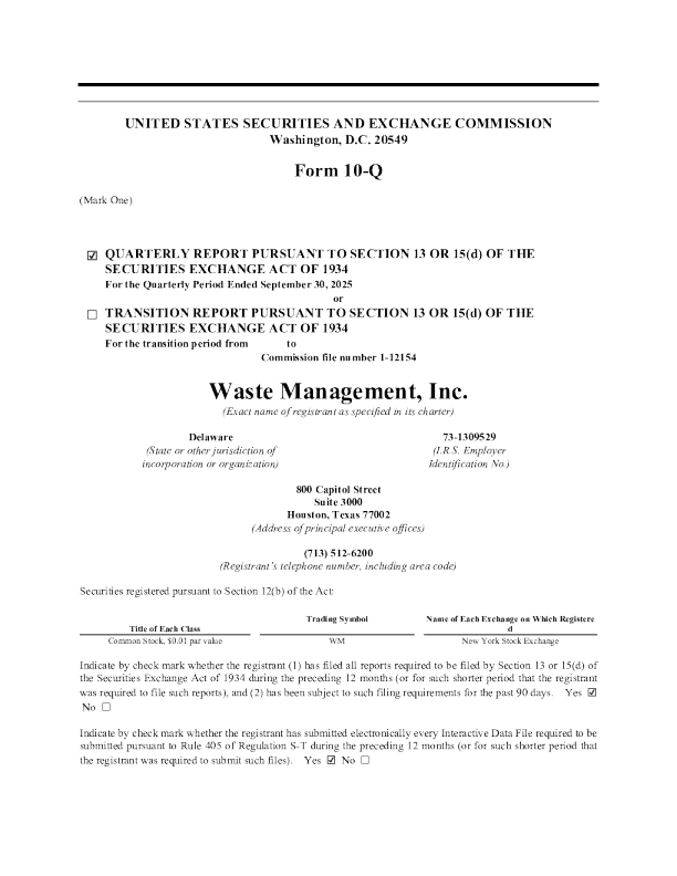 美国废物管理 2025年季度报告