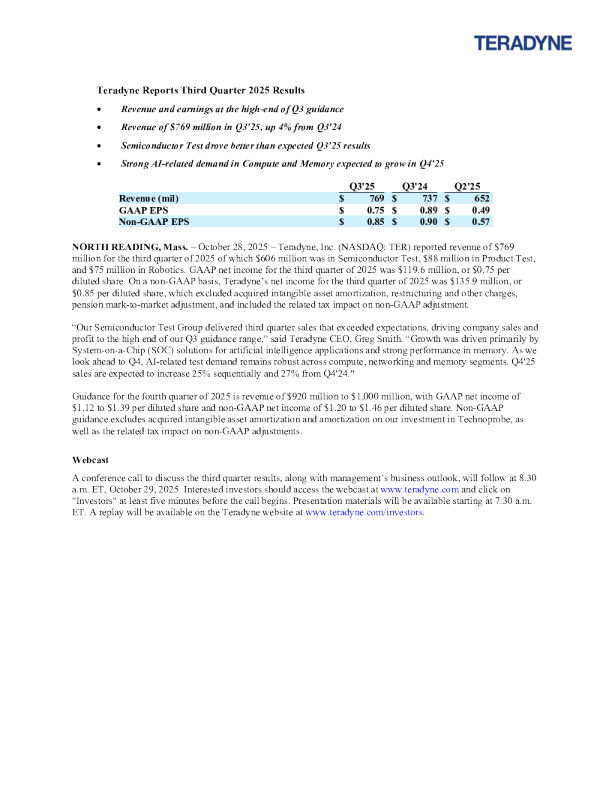 泰瑞达 2025年二季度报告