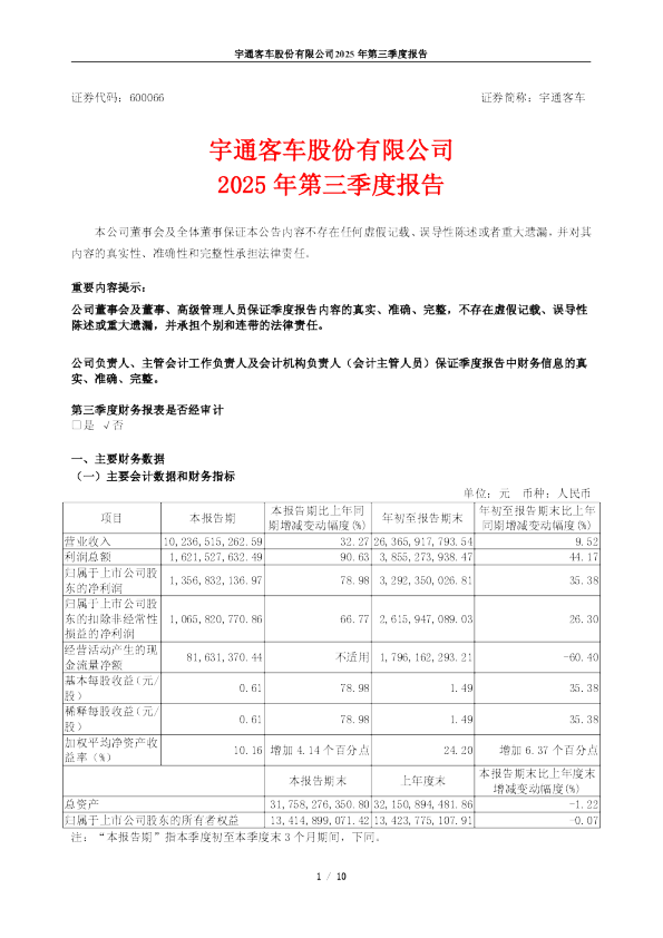 宇通客车：2025年第三季度报告