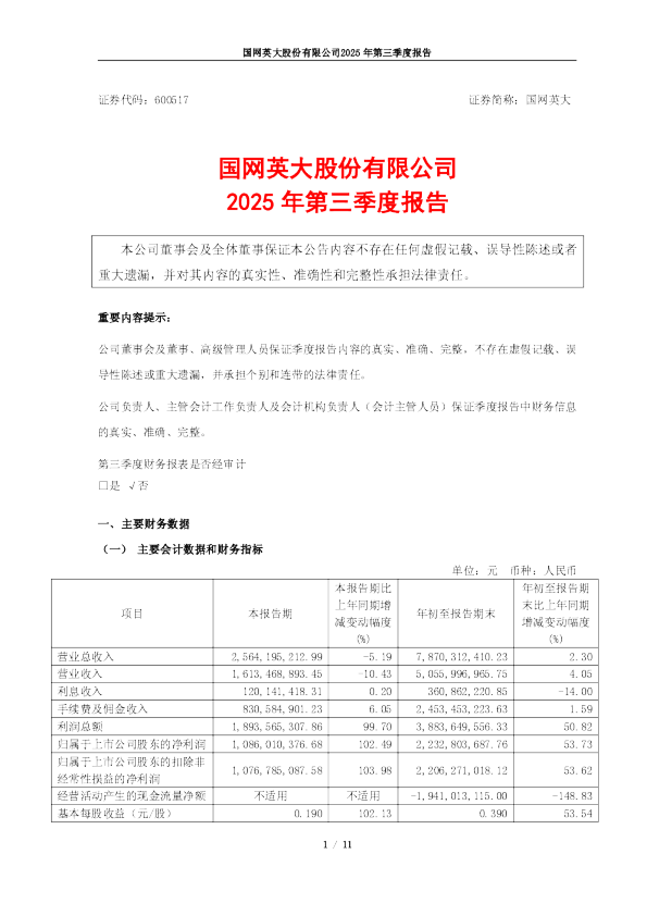 国网英大：国网英大2025年第三季度报告