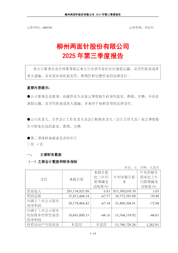 两面针:两面针2025年三季度报告