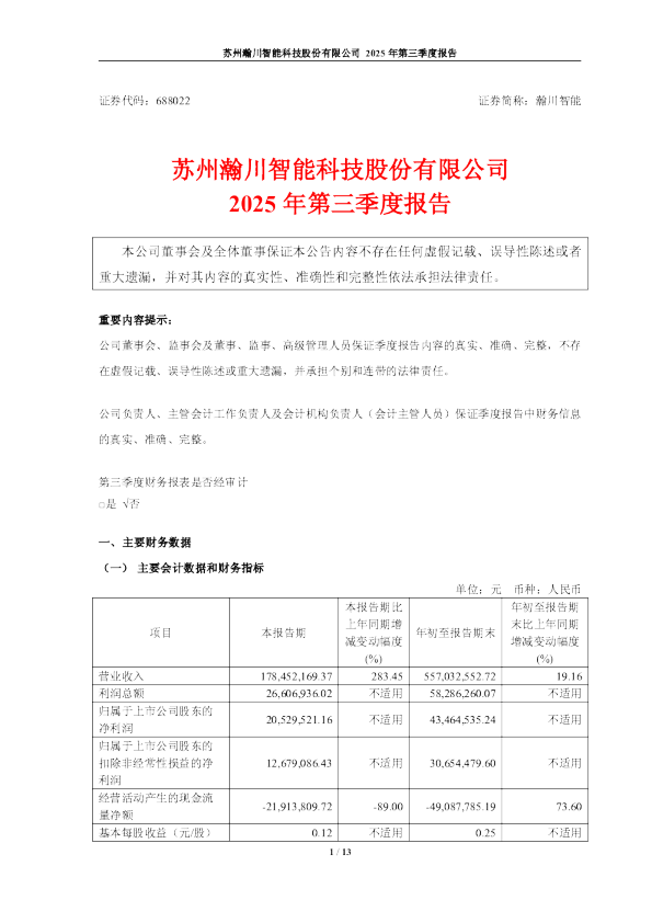 瀚川智能：2025年第三季度报告