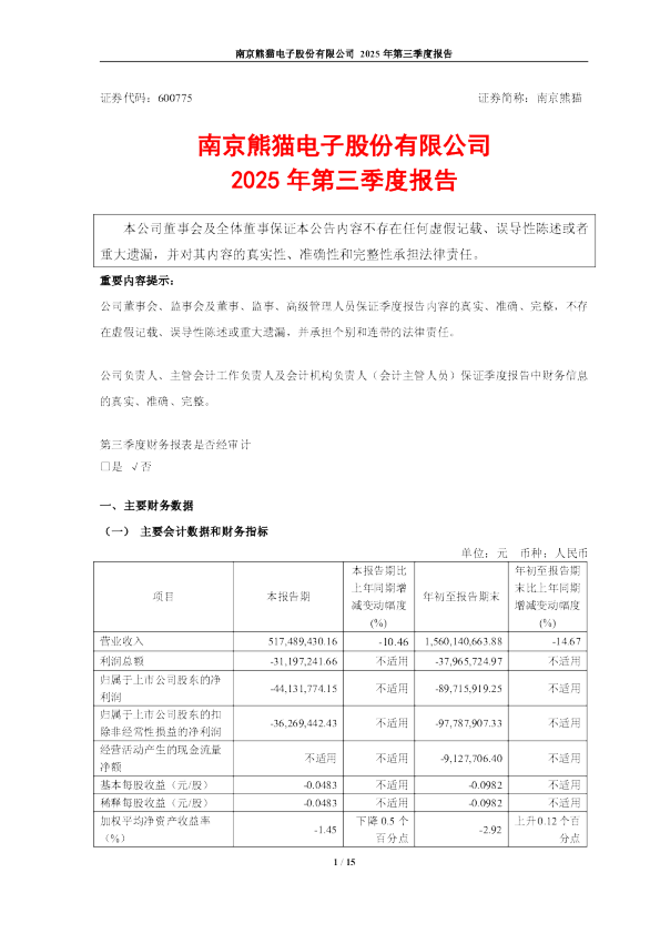南京熊猫：南京熊猫2025年第三季度报告