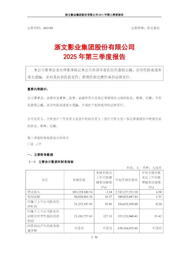 浙文影业：2025年第三季度报告