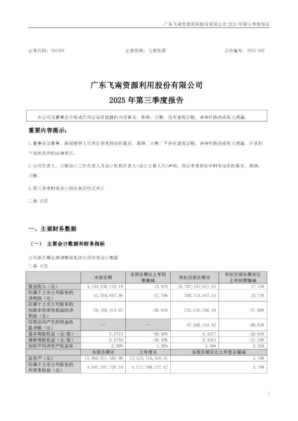 飞南资源：2025年三季度报告