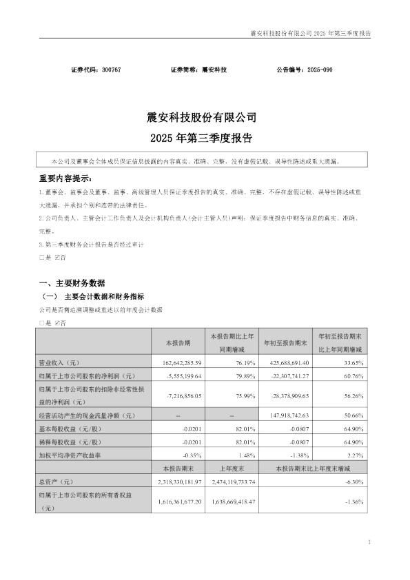 震安科技:2025年三季度报告