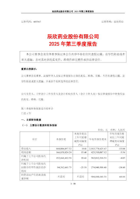 辰欣药业：2025年第三季度报告