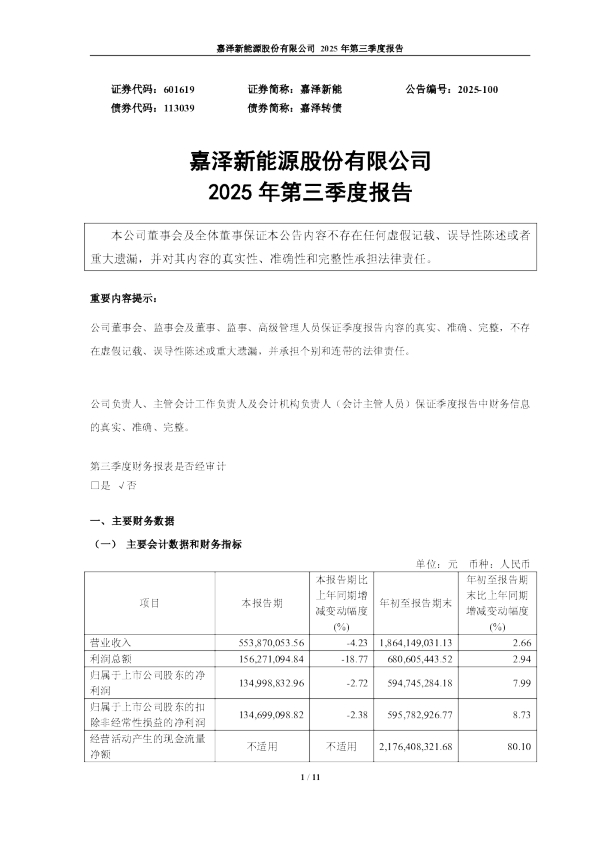 嘉泽新能：嘉泽新能源股份有限公司2025年第三季度报告