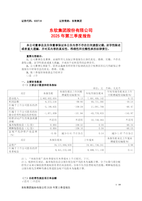 东软集团：东软集团2025年第三季度报告