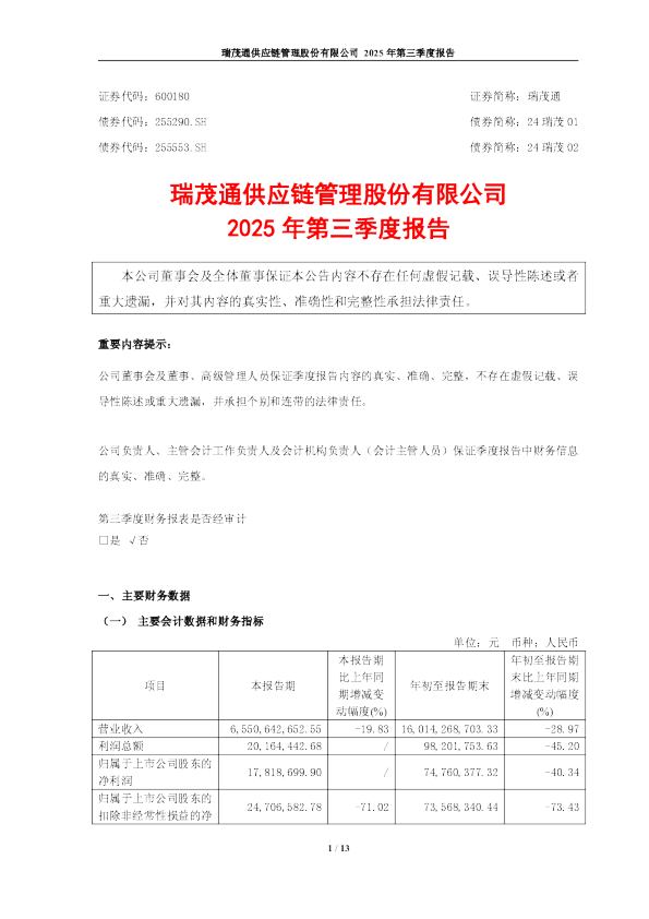 瑞茂通:瑞茂通2025年第三季度报告