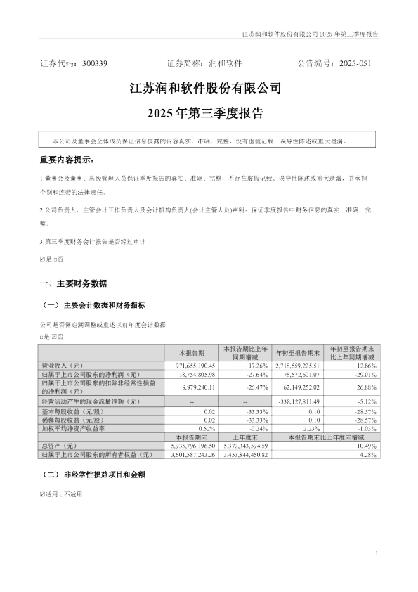 润和软件：2025年三季度报告
