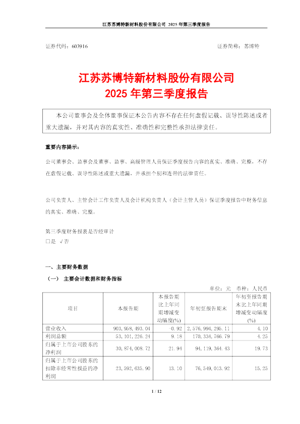 苏博特:2025年第三季度报告