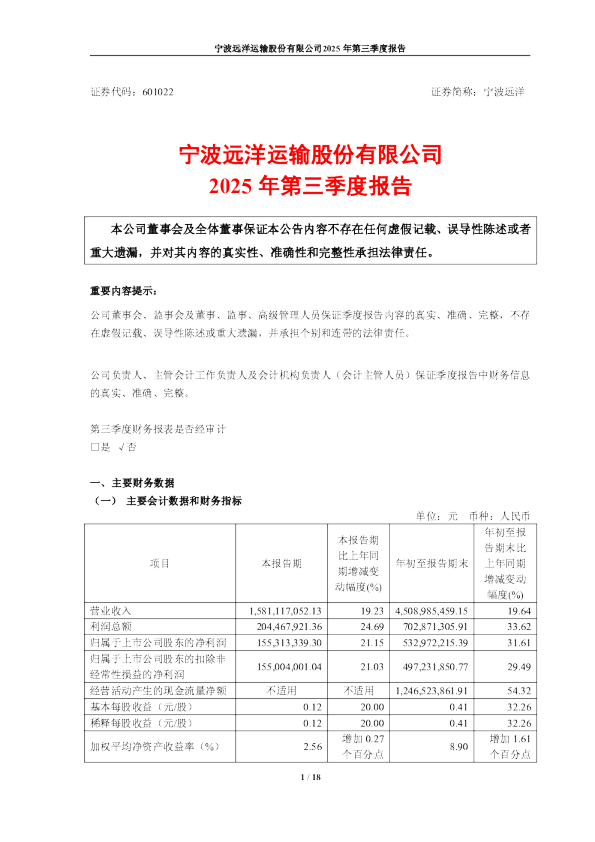 宁波远洋：2025年第三季度报告