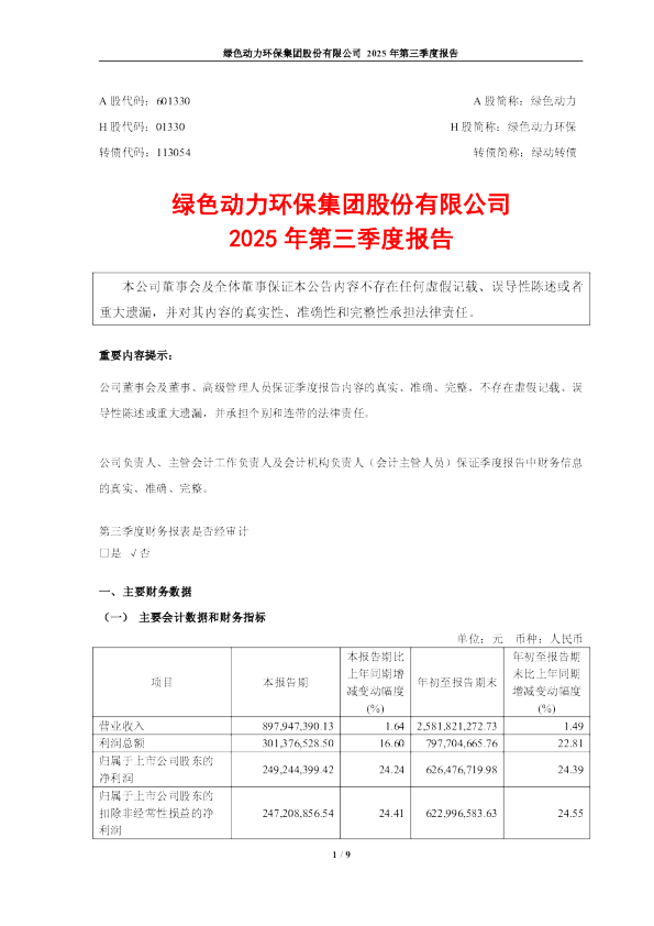 绿色动力：2025年第三季度报告