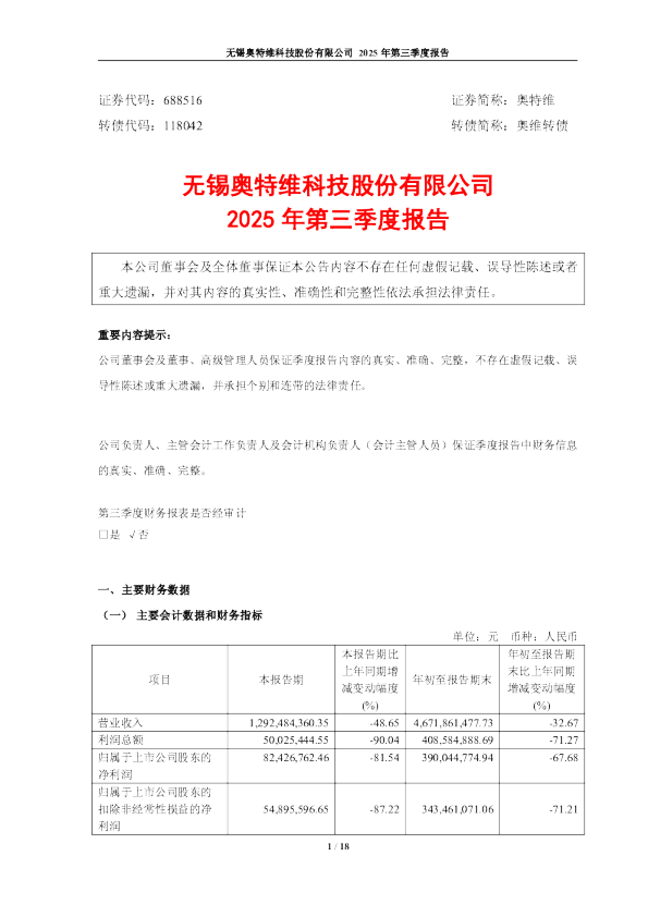 奥特维：2025年第三季度报告