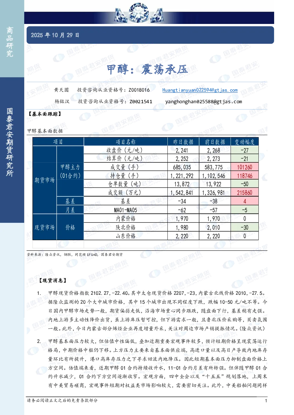 甲醇：震荡承压
