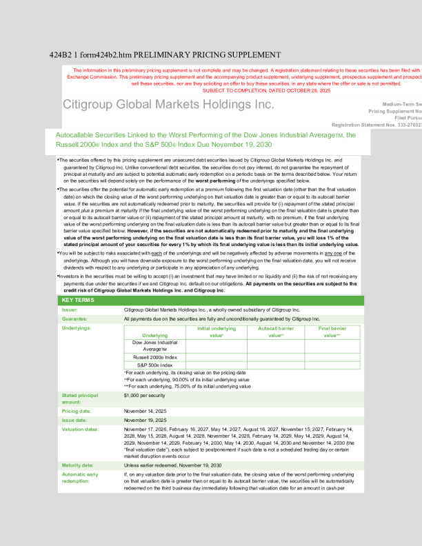 花旗集团美股招股说明书(2025-10-29版)