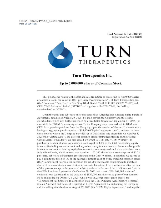 Turn Therapeutics Inc美股招股说明书(2025-10-29版)