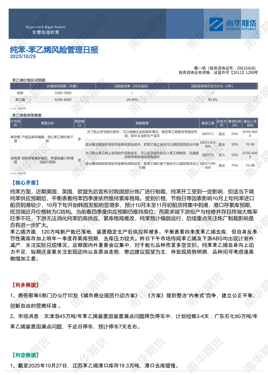 纯苯-苯乙烯风险管理日报