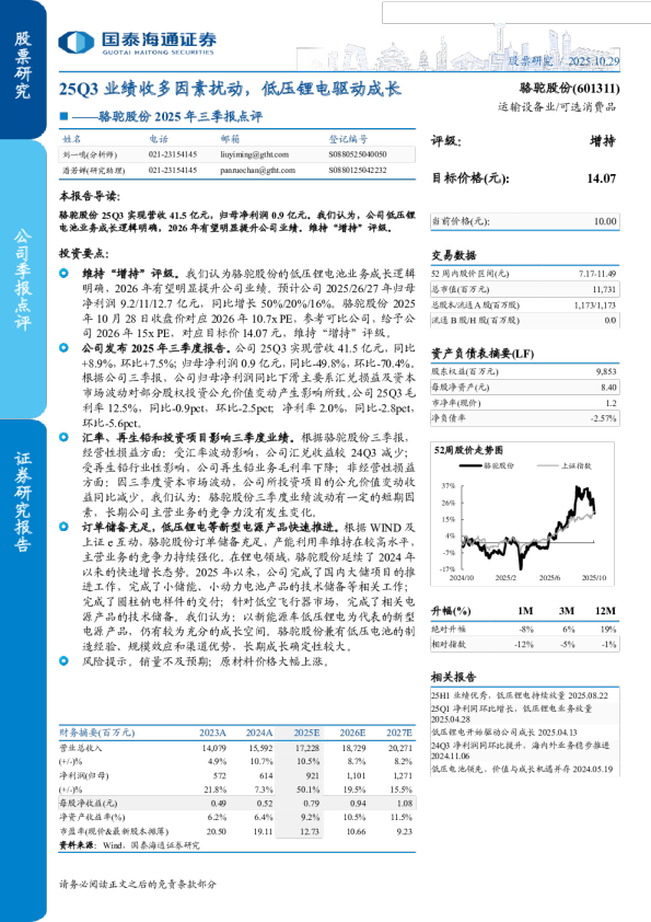 25Q3业绩收多因素扰动,低压锂电驱动成-2025年三季报点评