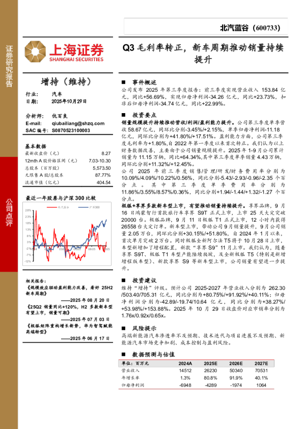 Q3毛利率转正，新车周期推动销量持续提升