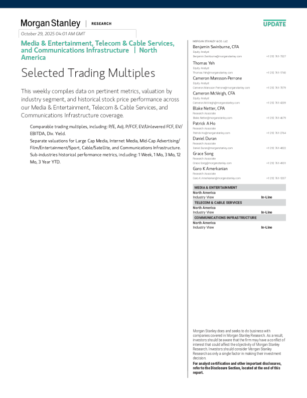 媒体与娱乐、电信与电缆服务及通信基础设施：北美精选交易倍数