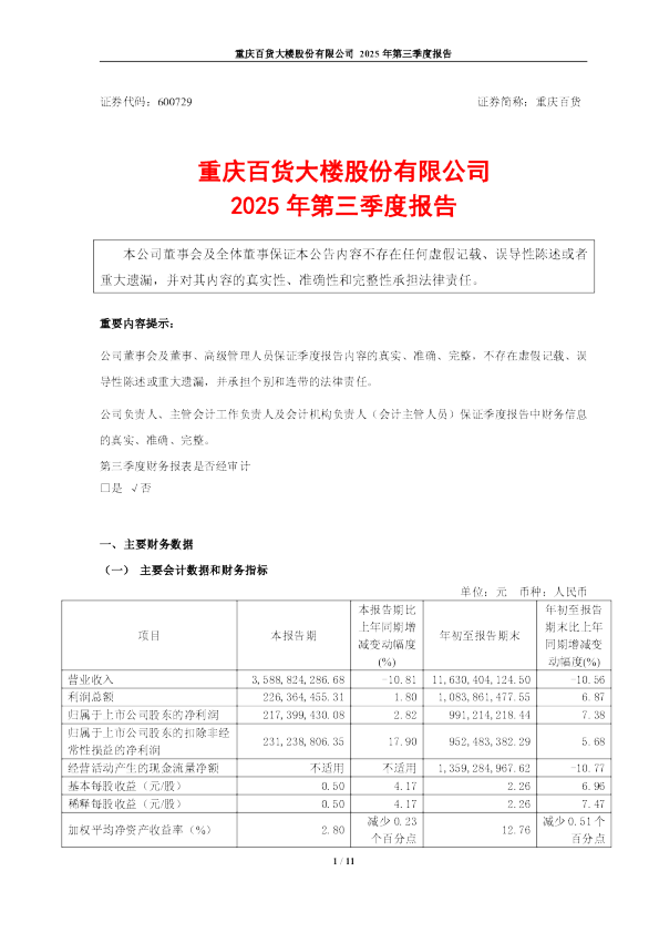 重庆百货：重庆百货大楼股份有限公司2025年第三季度报告