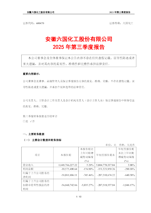 六国化工：六国化工2025年第三季度报告