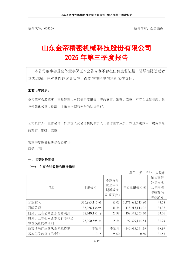 金帝股份：2025年第三季度报告
